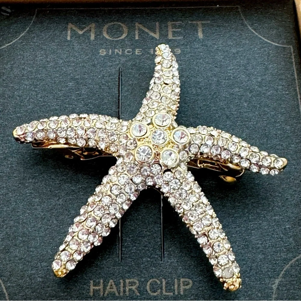 New In Box Monet Gold Tone Metal Textured Starfish Hair Clip